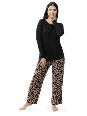 Fruit of the Loom Black Long-Sleeve Top with Leopard Print Pajama Pants